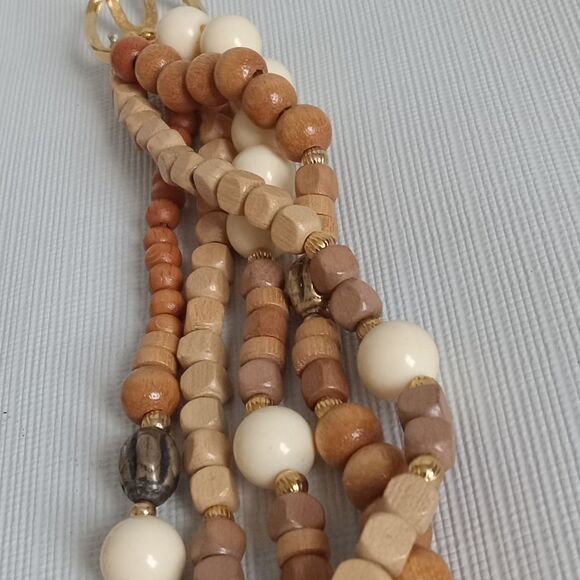Vintage Tan & Beige Wooden & Metal Beads Multi Strand Layered Statement Necklace - Picture 5 of 9